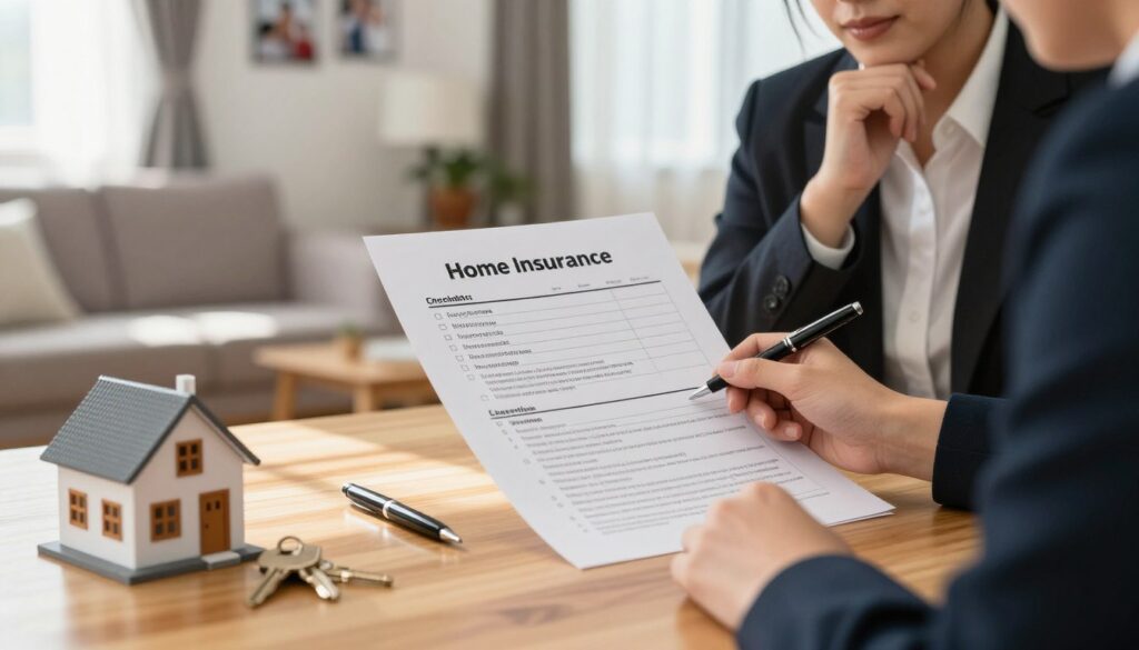 A detailed home insurance checklist is prominently displayed on a wooden table, with a pen placed beside it. In the foreground, there are household items like a model house and keys, symbolizing home ownership. The middle area features a professional-looking person, dressed in business attire, thoughtfully reviewing the checklist, focused and attentive. The background includes a cozy, well-lit living room with a soft couch and family photographs on the walls, creating a warm and inviting atmosphere. Natural light filters in through a window, casting gentle shadows and highlighting the checklist's details. The overall mood is one of professionalism and home comfort, emphasizing the importance of being prepared and knowledgeable about homeowners insurance.