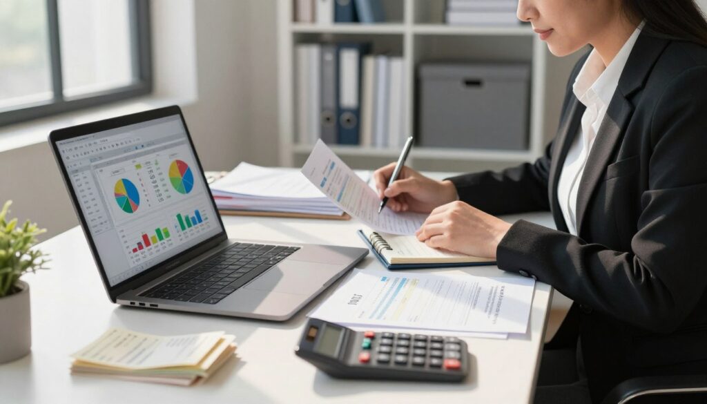 A detailed office workspace focused on maintaining accurate business records with accounting software. In the foreground, a laptop is open, displaying accounting software with colorful graphs and spreadsheets visible on the screen. Beside it, there is a neatly organized stack of invoices, receipts, and a calculator. In the middle ground, a professional businesswoman, dressed in smart attire, is intently reviewing documents while taking notes. The background features a well-lit modern office with shelves of books and filing cabinets, creating an atmosphere of efficiency and professionalism. Soft, natural light streams through the window, casting gentle shadows and enhancing the clarity of the scene. The mood is focused and productive, encapsulating the importance of record-keeping in small business operations.