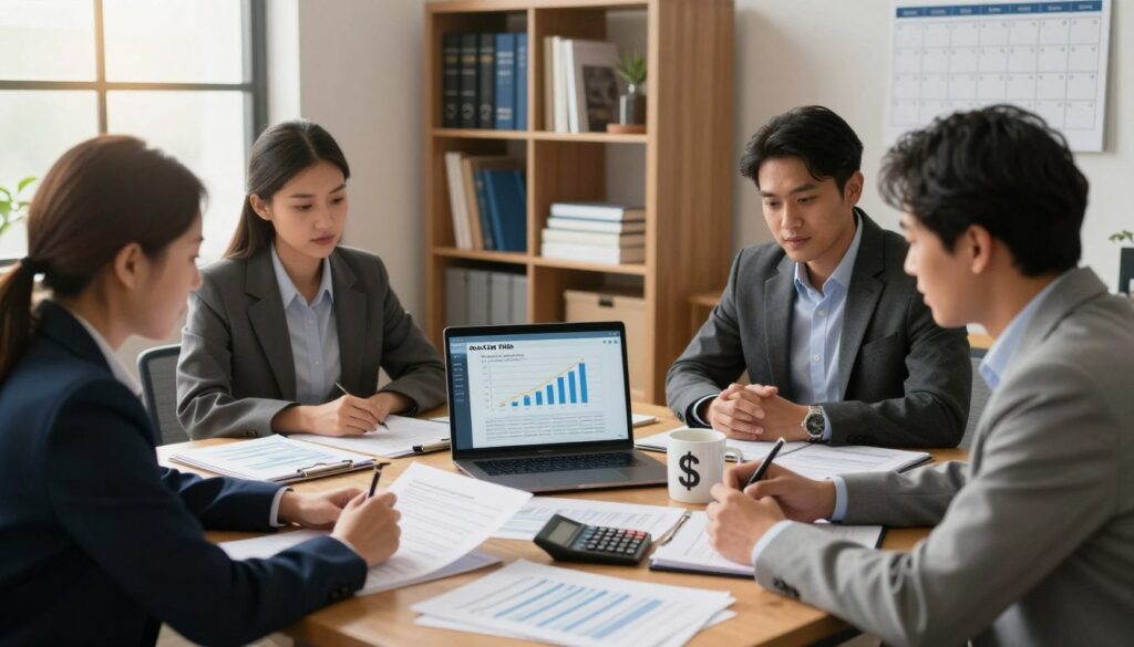 A detailed scene depicting a professional office environment focused on state and local tax deductions. In the foreground, a diverse group of three individuals of varying ethnicities, dressed in business attire, are gathered around a large wooden desk strewn with financial documents, calculators, and a laptop showing charts related to taxes. In the middle, an open laptop has graphs indicating state tax deductions, alongside a coffee mug branded with a dollar sign. The background features shelves filled with tax books, a window allowing warm natural light to spill in, and a calendar highlighting important tax deadlines. The atmosphere is focused and collaborative, conveying a sense of determination and expertise in financial matters. Soft, warm lighting enhances the overall professional feel of the image.