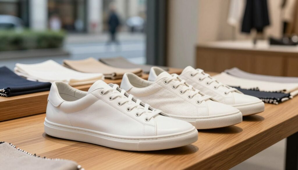 A detailed side-by-side comparison of white sneakers made from leather and canvas. In the foreground, showcase one elegant leather sneaker with a smooth texture and subtle sheen next to a casual canvas sneaker displaying a textured, woven surface. Use soft, natural lighting to emphasize the materials' differences and create a warm, inviting atmosphere. The middle ground should feature a wooden table with an elegant, minimalist layout, including fabric swatches of both materials. In the background, a soft-focus display of a stylish urban setting, perhaps a park or a city street, adds context without distracting from the main subject. The photo should be taken with a wide-angle lens from a slightly low angle, creating a sense of depth and highlighting the sneakers as the focal point.