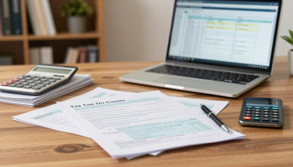 A detailed tax guide laid out on a polished wooden desk, with various tax-related documents and calculators scattered around. In the foreground, a neatly arranged stack of papers, a sleek pen, and a smartphone displaying a calculator app. In the middle ground, an open laptop displaying a spreadsheet with highlighted tax deductions. The background features a soft-focus bookshelf filled with financial books and a subtle green plant, creating a professional atmosphere. Warm, natural lighting illuminates the scene, giving it a welcoming and organized feel. The angle is slightly tilted, providing depth and interest to the composition, while emphasizing the importance of organized financial information. The overall mood is focused and informative, ideal for a comprehensive guide.