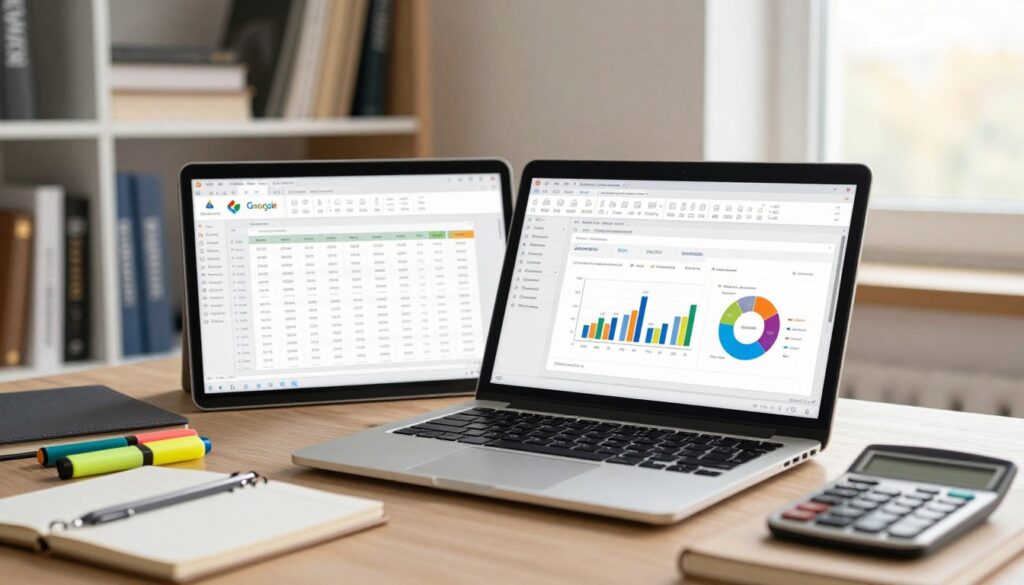 A detailed workspace featuring an elegant desk with a sleek laptop displaying open spreadsheet applications, like Google Sheets and Excel, alongside visual tools for finance management. In the foreground, office supplies such as highlighters, a calculator, and notepads suggest a business theme. The middle layer showcases side-by-side comparisons of these applications on the laptop screen, highlighting their unique features, with colorful charts and graphs visible. The background includes a well-organized bookshelf filled with business and finance books, along with a window that allows warm natural light to illuminate the scene, creating a productive and inviting atmosphere. The overall mood is professional and focused, ideal for a business setting.