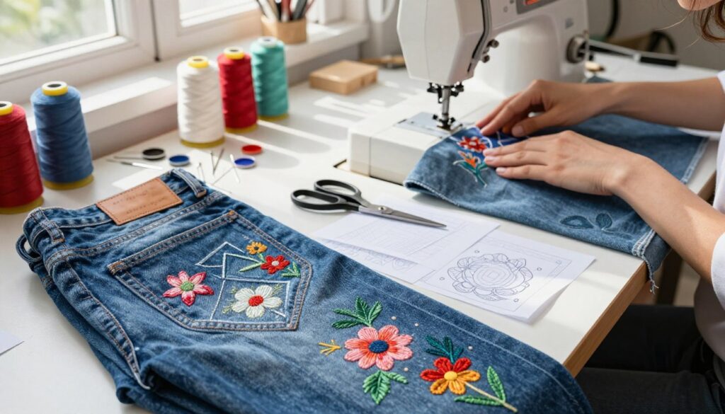 A detailed workspace scene showcasing various pattern transfer techniques for denim embroidery. In the foreground, a close-up of intricately embroidered denim jeans, featuring vibrant floral and geometric designs. Beside the jeans lies a selection of transfer papers, tracing paper, and a pair of scissors. In the middle ground, a sewing machine is set up, with colorful threads arranged neatly around it, and an artist's hand carefully placing a transfer design onto the fabric. The background features a well-lit crafting table cluttered with embroidery supplies like needles and thimbles, bathed in natural sunlight streaming through a window. The atmosphere is creative and inviting, with a sense of focus and craftsmanship evident in the details. The image should be warm, bright, and inspiring, ideal for a DIY context.