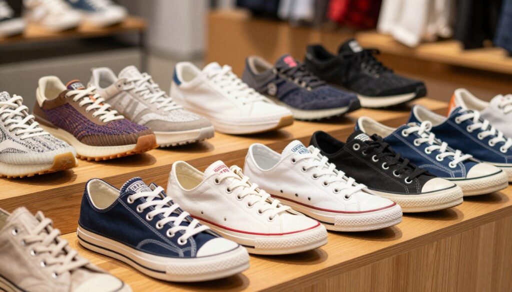 A diverse collection of classic and modern casual sneakers arranged aesthetically on a vibrant wooden display. In the foreground, showcase iconic styles like Chucks and Stan Smiths, with their timeless silhouettes and contrasting laces. In the middle, include contemporary designs, featuring bold colors and innovative materials, like knit uppers and chunky soles. The background should have soft, blurred retail-style lighting that enhances the sneakers’ textures and details, creating an inviting atmosphere. Utilize a shallow depth of field to emphasize the shoes while maintaining a warm and casual ambiance, suitable for a daily wear setting. The image should evoke a sense of style, versatility, and comfort, perfect for casual occasions. A diverse collection of classic and modern casual sneakers arranged aesthetically on a vibrant wooden display. In the foreground, showcase iconic styles like Chucks and Stan Smiths, with their timeless silhouettes and contrasting laces. In the middle, include contemporary designs, featuring bold colors and innovative materials, like knit uppers and chunky soles. The background should have soft, blurred retail-style lighting that enhances the sneakers’ textures and details, creating an inviting atmosphere. Utilize a shallow depth of field to emphasize the shoes while maintaining a warm and casual ambiance, suitable for a daily wear setting. The image should evoke a sense of style, versatility, and comfort, perfect for casual occasions.