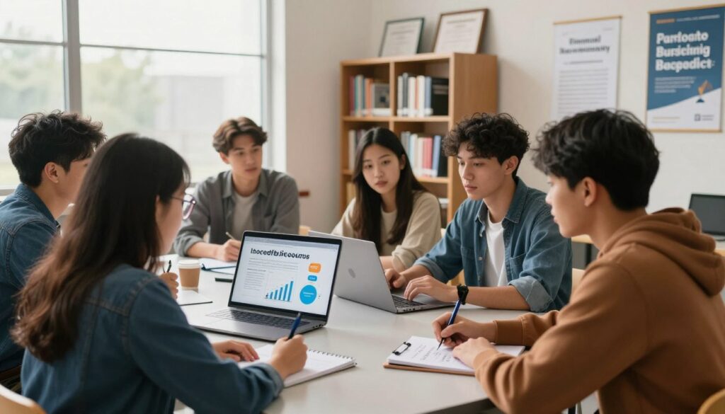 A diverse group of college freshmen sits around a table in a brightly lit campus study room, engaging in lively discussion about personal finance. In the foreground, a young woman with glasses jots down notes, showcasing keywords like "credit score" and "budgeting" on a notepad. In the middle ground, a young man explains financial concepts using a laptop, projecting an infographic about credit building. The background features a wall of bookshelves filled with financial literature, framed certificates, and posters about financial literacy. Soft, natural light streams through large windows, creating a warm and inviting atmosphere. The focus is sharp on the participants, illustrating collaboration, curiosity, and empowerment. The lens captures a slight depth of field, emphasizing the students' expressions of determination and enthusiasm for achieving financial independence. A diverse group of college freshmen sits around a table in a brightly lit campus study room, engaging in lively discussion about personal finance. In the foreground, a young woman with glasses jots down notes, showcasing keywords like "credit score" and "budgeting" on a notepad. In the middle ground, a young man explains financial concepts using a laptop, projecting an infographic about credit building. The background features a wall of bookshelves filled with financial literature, framed certificates, and posters about financial literacy. Soft, natural light streams through large windows, creating a warm and inviting atmosphere. The focus is sharp on the participants, illustrating collaboration, curiosity, and empowerment. The lens captures a slight depth of field, emphasizing the students' expressions of determination and enthusiasm for achieving financial independence.