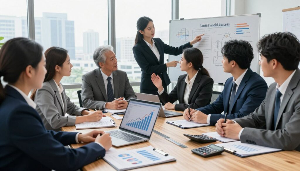 A diverse group of people in professional business attire gather around a large wooden table, engaged in a strategic discussion about financial literacy and wealth building. The foreground features a close-up of financial documents, calculators, and a laptop displaying graphs of growth. In the middle ground, focused individuals are sharing ideas and strategies, with some pointing at a whiteboard filled with diagrams and key principles of long-term financial success. The background showcases a well-lit office environment with large windows overlooking a city skyline, indicating prosperity and opportunity. Soft, natural lighting enhances a sense of collaboration and positivity, while clear, sharp focus captures the determination and enthusiasm of the participants as they work towards building generational wealth.