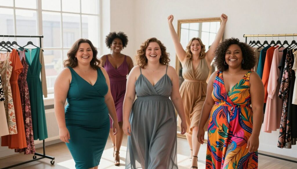 A diverse group of plus-size individuals joyfully standing in a bright, airy fashion studio, showcasing different body shapes. The foreground features three confident figures: a curvy hourglass shape in a sleek, teal dress, a robust apple shape in a stylish, flowing sundress, and a pear-shaped individual in a vibrant, patterned dress that accentuates their figure. The middle section includes racks of colorful dresses and a large mirror reflecting the fashion choices. In the background, soft natural light filters through large windows, casting a warm glow on the scene, creating an inviting atmosphere. The camera angle is slightly elevated, capturing both the individuals and the fashion elements, evoking a sense of empowerment and celebration of body positivity.