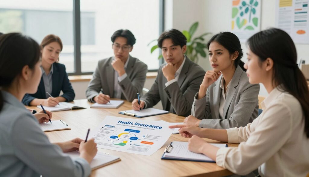A diverse group of professionals sitting at a round table, engaged in a discussion about health insurance. In the foreground, a woman in a smart blouse points at a detailed infographic that illustrates the components of health insurance, such as premiums, deductibles, and coverage options. The middle ground features men and women of various ethnicities, all dressed in professional business attire, taking notes and nodding thoughtfully. In the background, a large window lets in natural light, illuminating a modern office space with plants and health-related posters. The atmosphere feels collaborative and informative, reflecting a comfortable yet serious mood as they explore the basics of health insurance together. The image has a soft focus, simulating depth of field with warm, inviting lighting.