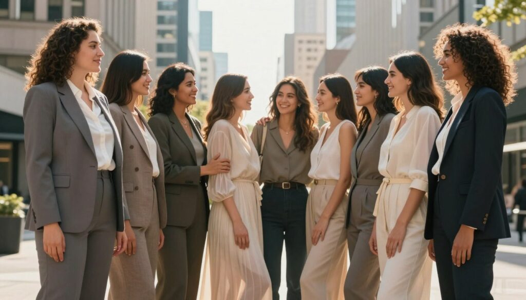A diverse group of tall women standing confidently in a sunlit urban environment, showcasing their unique height with grace and style. In the foreground, a woman in a chic tailored suit exudes professionalism, while another in a flowing dress embodies elegance. In the middle, they share a moment of camaraderie, with smiles and embracing gestures that convey empowerment and confidence. The background features modern city architecture with soft bokeh, creating a vibrant yet subtle atmosphere. The overall lighting is warm and inviting, highlighting their silhouettes against the urban landscape. Shot from a slightly low angle to enhance their stature, the mood is inspirational and uplifting, celebrating fashion and individuality.
