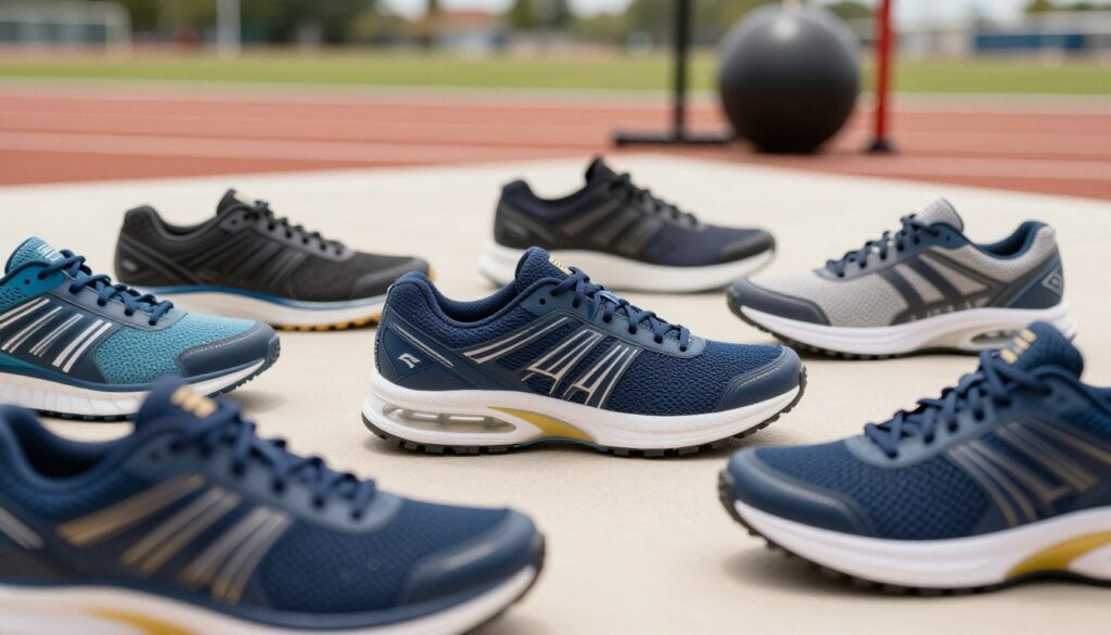 A dynamic and detailed composition showcasing various athletic shoe features. The foreground displays a close-up view of different athletic shoes, highlighting key features like cushioning, grip, and breathability. The shoes are arranged on a clean, neutral backdrop to ensure clarity and focus. In the middle ground, incorporate subtle hints of running tracks and gym settings, allowing viewers to intuitively connect the shoes to their uses. The background is softly blurred to emphasize the shoes, with natural lighting creating a vibrant and energetic atmosphere. Use a slightly angled perspective to enhance depth, making the image compelling and engaging while reflecting the theme of understanding different shoe types and their features. A dynamic and detailed composition showcasing various athletic shoe features. The foreground displays a close-up view of different athletic shoes, highlighting key features like cushioning, grip, and breathability. The shoes are arranged on a clean, neutral backdrop to ensure clarity and focus. In the middle ground, incorporate subtle hints of running tracks and gym settings, allowing viewers to intuitively connect the shoes to their uses. The background is softly blurred to emphasize the shoes, with natural lighting creating a vibrant and energetic atmosphere. Use a slightly angled perspective to enhance depth, making the image compelling and engaging while reflecting the theme of understanding different shoe types and their features.