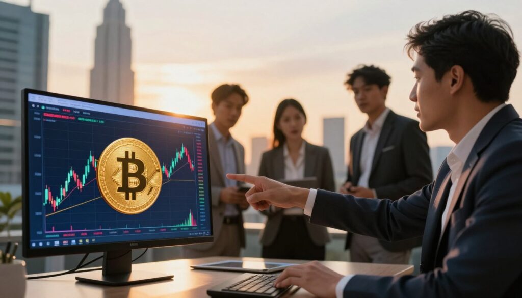 A dynamic and engaging representation of Bitcoin ETFs and cryptocurrency exposure. In the foreground, a sleek digital display showcasing a vibrant Bitcoin logo amidst colorful candlestick charts, symbolizing market trends. In the middle ground, a diverse group of professionals in business attire engaged in discussion, with one pointing towards the screen, reflecting collaboration and investment strategy. The background features a modern office skyline during a sunset, bathed in warm golden light, creating an inspiring atmosphere. The scene is shot from a low angle to emphasize the subjects and their focus on the digital display. Capture a mood of innovation and financial growth, with a soft focus on the edges to maintain attention on the key elements. A dynamic and engaging representation of Bitcoin ETFs and cryptocurrency exposure. In the foreground, a sleek digital display showcasing a vibrant Bitcoin logo amidst colorful candlestick charts, symbolizing market trends. In the middle ground, a diverse group of professionals in business attire engaged in discussion, with one pointing towards the screen, reflecting collaboration and investment strategy. The background features a modern office skyline during a sunset, bathed in warm golden light, creating an inspiring atmosphere. The scene is shot from a low angle to emphasize the subjects and their focus on the digital display. Capture a mood of innovation and financial growth, with a soft focus on the edges to maintain attention on the key elements.