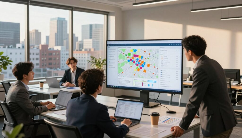 A dynamic, data-driven real estate market analysis scene in a modern office setting. In the foreground, a diverse group of three professionals, dressed in business attire, pore over a large digital display showing interactive maps and charts of various neighborhoods. The middle ground features a sleek conference table with laptops, papers, and coffee cups scattered about, emphasizing a collaborative atmosphere. In the background, large windows reveal a bustling cityscape, with skyscrapers and residential buildings, bathed in warm afternoon sunlight that casts soft shadows throughout the room. The mood is focused and optimistic, highlighting the potential for real estate investment in promising locations. A wide-angle perspective enhances the sense of space and urgency in the analysis process. A dynamic, data-driven real estate market analysis scene in a modern office setting. In the foreground, a diverse group of three professionals, dressed in business attire, pore over a large digital display showing interactive maps and charts of various neighborhoods. The middle ground features a sleek conference table with laptops, papers, and coffee cups scattered about, emphasizing a collaborative atmosphere. In the background, large windows reveal a bustling cityscape, with skyscrapers and residential buildings, bathed in warm afternoon sunlight that casts soft shadows throughout the room. The mood is focused and optimistic, highlighting the potential for real estate investment in promising locations. A wide-angle perspective enhances the sense of space and urgency in the analysis process.