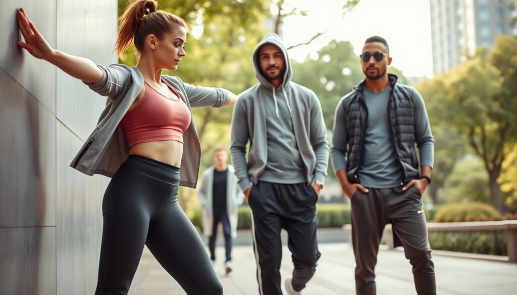 A dynamic gym outfit layering scene showcasing a diverse group of three individuals in a stylish urban setting. In the foreground, a woman in fitted athletic leggings and a cropped tank top, layered with a lightweight zip-up jacket, stretches against a wall, while a man nearby sports joggers and a breathable long-sleeve top, showcased under a stylish vest. In the middle, additional styles include a person wearing a long hoodie over shorts, exemplifying versatility. The background features a city park with greenery, suggesting an inviting outdoor space. Soft, natural lighting filters through the trees, creating a fresh and vibrant ambiance. The angle highlights the interplay of clothing layers, demonstrating how to combine pieces effectively while remaining comfortable for changing weather. The mood is energetic and motivational, perfect for inspiring readers to explore new gym outfits.