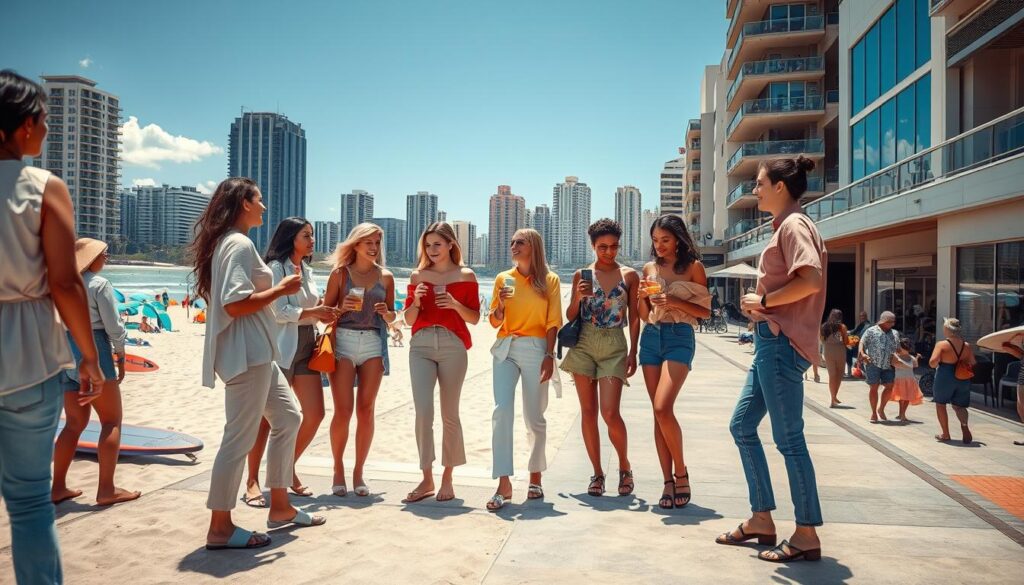 A dynamic urban scene showcasing the transition from a vibrant beach atmosphere to a stylish cityscape. In the foreground, a diverse group of individuals dressed in chic summer outfits, including lightweight blouses, casual trousers, and stylish shoes, are engaging in conversation while holding refreshing drinks. The middle ground features a sandy beach with sun umbrellas, surfboards, and beachgoers enjoying the sun, seamlessly blending into a bustling city sidewalk with trendy shops and cafes. In the background, a skyline of modern buildings under a bright, sunny blue sky creates an inviting atmosphere. Soft, natural lighting enhances the colors and textures, while the angle captures both the beach and cityscapes harmoniously. The overall mood is lively, inspiring, and perfect for summer.