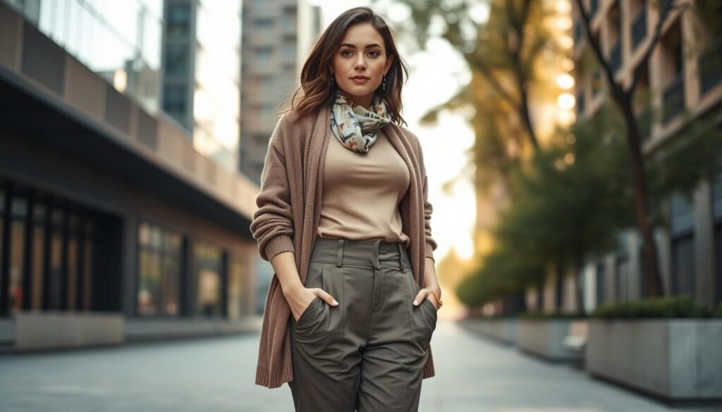 A fashionable petite woman stands in an elegantly styled urban environment, showcasing smart layering techniques. In the foreground, she wears a fitted, neutral-tone top under a flowing, oversized cardigan with various textures adding depth. Her bottom half features tailored high-waisted trousers that elongate her frame. In the middle, subtle accessories like a delicate scarf and dainty jewelry enhance her outfit without overwhelming it. The background includes a softly blurred cityscape with natural light filtering through nearby trees, creating a warm and inviting atmosphere. The image is captured with a soft focus lens, highlighting the layering details while maintaining an effortless and chic vibe. The overall mood is sophisticated yet approachable, reflecting modern fashion sensibilities for petite women.