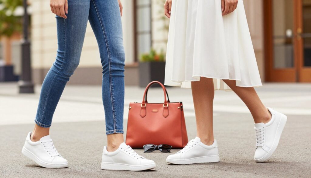 A fashionable scene showcasing white sneakers styled with both jeans and dresses, featuring two models. In the foreground, one model wears a chic, casual outfit with fitted jeans and trendy white sneakers, exuding effortless style. The second model is in a flowing sundress, elegantly paired with the same white sneakers, representing versatility. The middle ground includes colorful accessories like a handbag and sunglasses, enhancing the outfits. The background is a vibrant urban setting with soft, natural lighting, suggesting a bright sunny day. The angle is slightly above eye level, capturing both models in a dynamic pose that conveys confidence and style. The overall mood is fresh, stylish, and inviting, perfect for fashion enthusiasts exploring modern looks.