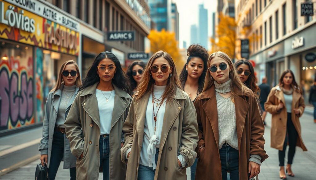 A fashionable urban scene showcasing women embodying edgy street style with seasonal trends, prominently featuring layers of stylish outerwear like oversized jackets and coordinated accessories. In the foreground, a diverse group of women dressed in chic, modest outfits stands confidently on a bustling city street. The middle ground includes vibrant graffiti art and fashion boutiques, creating an energetic atmosphere. The background features a skyline with autumn-colored trees, hinting at a seasonal transition. The lighting is warm and dynamic, casting soft shadows to enhance the textures of their outfits. Capture this from a slightly elevated angle to convey depth, creating a lively and modern vibe that reflects the essence of current fashion trends. A fashionable urban scene showcasing women embodying edgy street style with seasonal trends, prominently featuring layers of stylish outerwear like oversized jackets and coordinated accessories. In the foreground, a diverse group of women dressed in chic, modest outfits stands confidently on a bustling city street. The middle ground includes vibrant graffiti art and fashion boutiques, creating an energetic atmosphere. The background features a skyline with autumn-colored trees, hinting at a seasonal transition. The lighting is warm and dynamic, casting soft shadows to enhance the textures of their outfits. Capture this from a slightly elevated angle to convey depth, creating a lively and modern vibe that reflects the essence of current fashion trends.