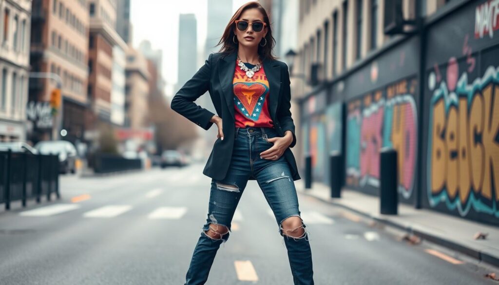 A fashionable woman confidently poses on an urban street, blending classic and bold elements in her outfit. She wears a tailored, structured blazer over a vibrant graphic tee, paired with high-waisted, distressed jeans and chunky ankle boots. Her accessories include oversized sunglasses and a statement necklace, adding an eclectic touch. The background features a cityscape with colorful graffiti art, enhancing the edgy atmosphere. Soft, diffused lighting creates a chic vibe, while a slight tilt angle captures her dynamic pose. The setting conveys a blend of modernity and timeless style, showcasing the perfect fusion of classic elegance and bold street fashion. A fashionable woman confidently poses on an urban street, blending classic and bold elements in her outfit. She wears a tailored, structured blazer over a vibrant graphic tee, paired with high-waisted, distressed jeans and chunky ankle boots. Her accessories include oversized sunglasses and a statement necklace, adding an eclectic touch. The background features a cityscape with colorful graffiti art, enhancing the edgy atmosphere. Soft, diffused lighting creates a chic vibe, while a slight tilt angle captures her dynamic pose. The setting conveys a blend of modernity and timeless style, showcasing the perfect fusion of classic elegance and bold street fashion.