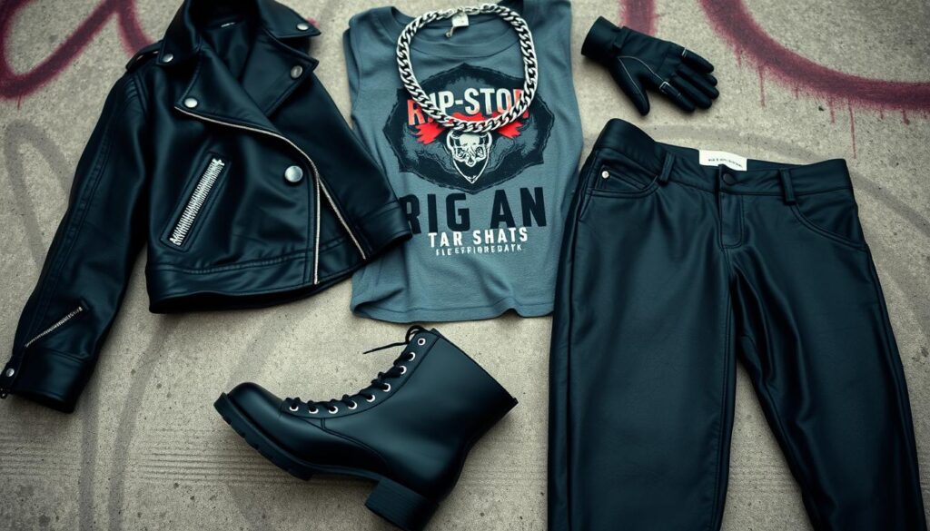 A flat lay arrangement showcasing key clothing pieces for an edgy street style look for women. In the foreground, feature a distressed black leather jacket, a rip-stop graphic tee, and high-waisted faux leather pants. Layered in the middle, include combat boots with metallic accents, a chunky silver chain necklace, and fingerless gloves. The background should be a textured concrete surface to enhance the urban vibe, with hints of graffiti art softly blurred. Use dramatic, moody lighting that casts subtle shadows, suggesting a late afternoon city atmosphere. The overall mood should be bold and rebellious, capturing the essence of modern street fashion. Focus on a slightly elevated angle to provide a dynamic perspective on the clothing pieces. A flat lay arrangement showcasing key clothing pieces for an edgy street style look for women. In the foreground, feature a distressed black leather jacket, a rip-stop graphic tee, and high-waisted faux leather pants. Layered in the middle, include combat boots with metallic accents, a chunky silver chain necklace, and fingerless gloves. The background should be a textured concrete surface to enhance the urban vibe, with hints of graffiti art softly blurred. Use dramatic, moody lighting that casts subtle shadows, suggesting a late afternoon city atmosphere. The overall mood should be bold and rebellious, capturing the essence of modern street fashion. Focus on a slightly elevated angle to provide a dynamic perspective on the clothing pieces.
