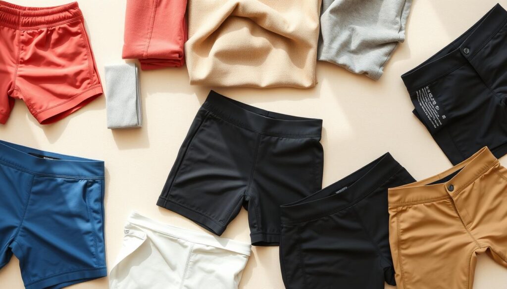 A flat lay arrangement showcasing various biker shorts fabric and fit options. Foreground: an assortment of biker shorts made from different materials like cotton, spandex, and moisture-wicking fabrics in a variety of colors, patterns, and textures, neatly folded and displayed. Middle: fabric swatches and samples enveloped in light, breathable qualities, emphasizing versatility in styling. Background: a soft, neutral-toned surface to enhance the visual. Lighting: bright and natural, creating a fresh, inviting atmosphere, simulating daylight filtered through a window. The angle should be slightly above, capturing the intricate details of the shorts’ waistband, stitching, and patterns while ensuring a clean, professional look without any distractions or text overlays.