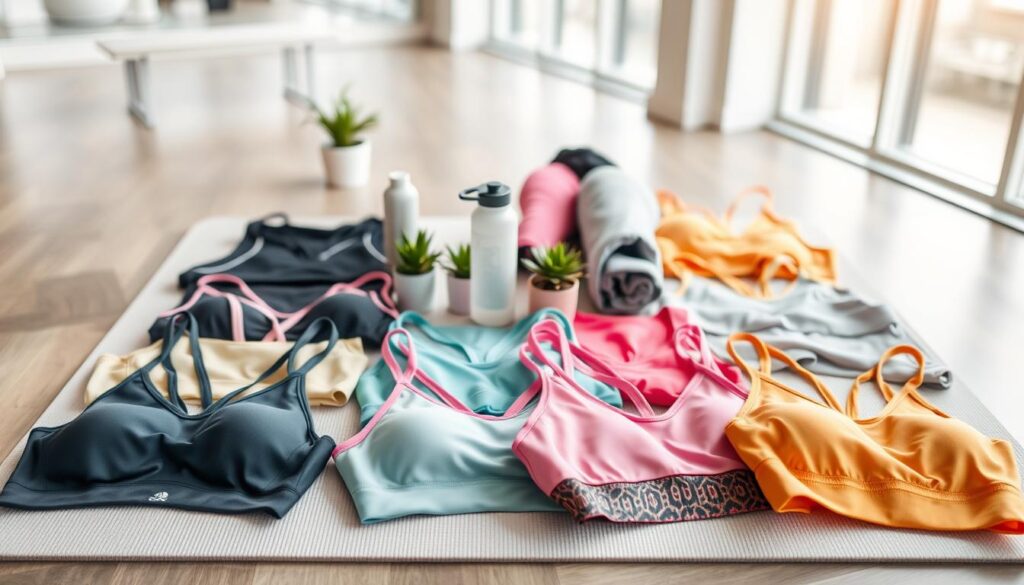 A flat lay display of stylish sports bras and tops, featuring a variety of colors and textures including bright pastels, bold patterns, and sleek designs. The foreground showcases an assortment of sports bras with unique straps and tops in breathable fabrics, laid out neatly on a light-colored yoga mat. In the middle, complementing accessories like matching leggings, a water bottle, and a fitness towel add to the gym atmosphere, while small potted plants provide a touch of greenery. The background is softly blurred, suggesting a modern gym environment with natural light streaming in through large windows, creating a bright and inviting mood. The overall composition emphasizes comfort and functionality, reflecting a fresh and fashionable approach to gym attire.