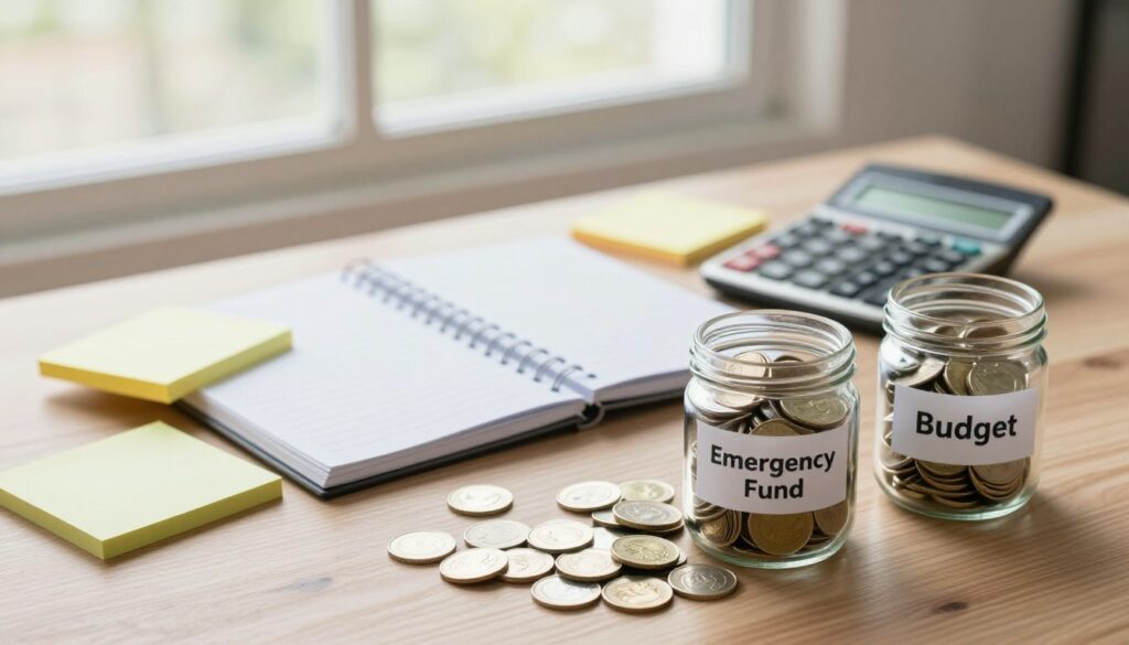 A focused view of a well-organized desk displaying various financial planning tools to symbolize emergency savings goals. In the foreground, there are clear jars labeled "Emergency Fund", "Savings Goals", and "Budget" filled with coins and notes. The middle ground features a neatly arranged notebook and a calculator, with colorful sticky notes symbolizing different financial milestones. The background shows a soft, blurred window with natural light streaming in, creating a warm and optimistic atmosphere. The overall mood is constructive and inspiring, encouraging the viewer to take control of their finances. The composition should have a slight top-down angle, creating an inviting and motivational perspective for readers.