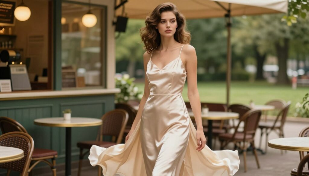 A graceful scene featuring a model wearing a retro slip dress that captures the essence of 90s fashion. The dress is soft satin, with delicate spaghetti straps and a flowing silhouette, exuding effortless elegance. In the foreground, the model stands confidently, her hair styled in loose, natural waves. The middle ground features a softly lit vintage café setting, with warm golden tones and faded decor reminiscent of the 90s era. The background highlights a lush green park, subtly blurred to create depth. The lighting is soft and diffused, inviting a serene atmosphere, while the shot is captured from a slightly low angle to best showcase the flowing nature of the dress. The mood is nostalgic yet vibrant, evoking a sense of timeless chic.