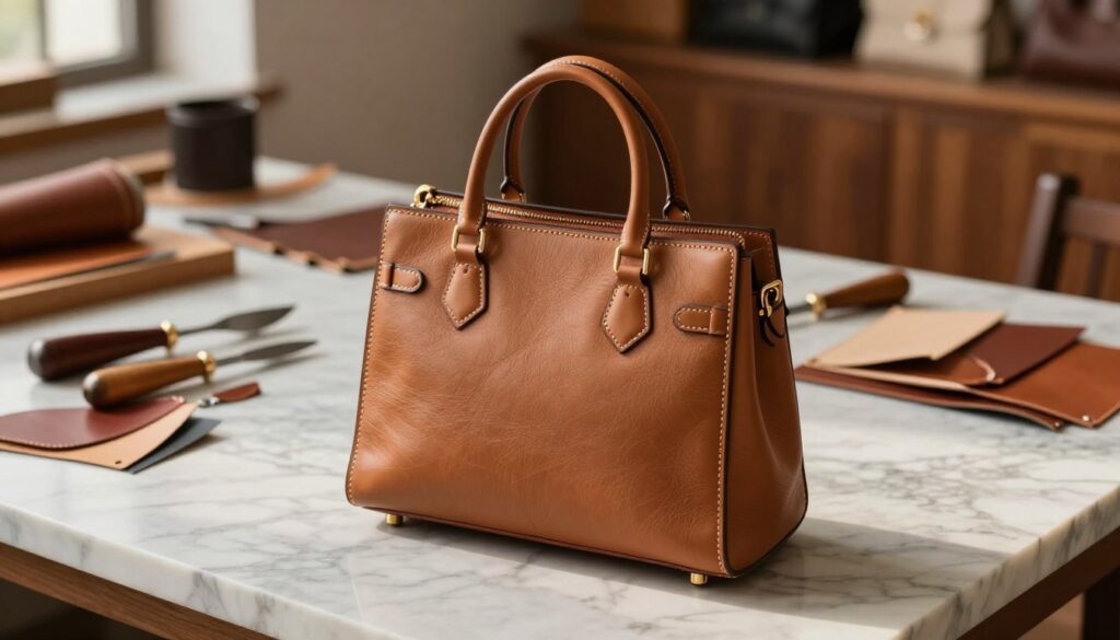 A luxurious designer handbag displayed centrally, showcasing exquisite craftsmanship with fine stitching, premium leather, and intricate hardware. The foreground features the handbag on a polished marble surface, catching soft, diffused natural light. In the middle ground, delicate tools of craftsmanship, such as leather cutting tools and swatches, are artfully arranged to denote the design process. The background is softly blurred, suggesting an upscale workshop filled with rich textures of leather and wood, enhancing the sense of artisanal craftsmanship. The mood conveys elegance and sophistication, with warm, inviting tones that highlight the timeless beauty and longevity of the handbag. The angle is slightly above eye level, providing a flattering view of the handbag’s details. A luxurious designer handbag displayed centrally, showcasing exquisite craftsmanship with fine stitching, premium leather, and intricate hardware. The foreground features the handbag on a polished marble surface, catching soft, diffused natural light. In the middle ground, delicate tools of craftsmanship, such as leather cutting tools and swatches, are artfully arranged to denote the design process. The background is softly blurred, suggesting an upscale workshop filled with rich textures of leather and wood, enhancing the sense of artisanal craftsmanship. The mood conveys elegance and sophistication, with warm, inviting tones that highlight the timeless beauty and longevity of the handbag. The angle is slightly above eye level, providing a flattering view of the handbag’s details.