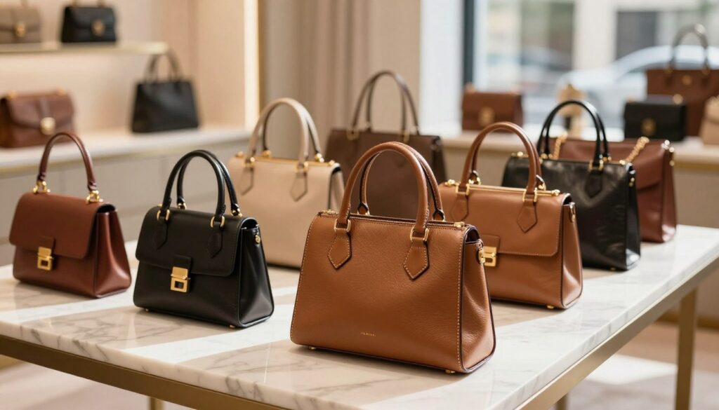 A luxurious display of authentic designer handbags arranged elegantly on a sleek marble table. In the foreground, the focus is on a classic handbag crafted from high-quality leather, showcasing intricate stitching and the designer logo. The middle ground features a variety of bags in different colors and styles, exuding exclusivity and sophistication. The background presents a soft-focus boutique environment, filled with lavish decor and ambient lighting, creating a warm and inviting atmosphere. Natural sunlight streams in through large windows, accentuating the rich textures of the bags. The overall mood is one of elegance, emphasizing the value and impact of owning authentic designer bags, reminiscent of a high-end fashion editorial shoot.