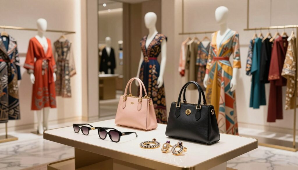A luxurious fashion scene depicting signature items and statement pieces for 2025. In the foreground, a sleek, modern display showcases a variety of avant-garde accessories like oversized sunglasses, bold handbags, and intricately designed jewelry, all exuding elegance. The middle ground features mannequins dressed in high-fashion outfits, highlighting unique silhouettes and vibrant colors, with patterns blending traditional craftsmanship and futuristic designs. In the background, a stylish boutique with polished marble floors and soft ambient lighting enhances the sophisticated atmosphere. The scene conveys an air of opulence and exclusivity, inviting the viewer into the world of luxury fashion trends. Capture this in soft, diffused lighting with a shallow depth of field to emphasize the intricate details of the fashion pieces while maintaining an elegant aesthetic. A luxurious fashion scene depicting signature items and statement pieces for 2025. In the foreground, a sleek, modern display showcases a variety of avant-garde accessories like oversized sunglasses, bold handbags, and intricately designed jewelry, all exuding elegance. The middle ground features mannequins dressed in high-fashion outfits, highlighting unique silhouettes and vibrant colors, with patterns blending traditional craftsmanship and futuristic designs. In the background, a stylish boutique with polished marble floors and soft ambient lighting enhances the sophisticated atmosphere. The scene conveys an air of opulence and exclusivity, inviting the viewer into the world of luxury fashion trends. Capture this in soft, diffused lighting with a shallow depth of field to emphasize the intricate details of the fashion pieces while maintaining an elegant aesthetic.