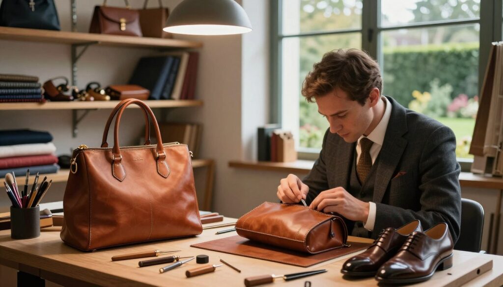 A luxurious workbench set in a softly lit atelier, showcasing a meticulously crafted leather handbag and a pair of elegant handcrafted shoes. In the foreground, a skilled artisan in smart business attire is focused on hand-stitching the handbag, surrounded by high-end tools and materials. The middle layer features shelves filled with high-quality fabrics and accessories, radiating sophistication. Soft, warm lighting from above highlights the textures of the leather, creating an inviting atmosphere. In the background, large windows let in natural light, while displaying a serene view of an idyllic garden, enhancing the feeling of timelessness and craftsmanship. The overall mood is one of dedication, luxury, and enduring quality, perfect for illustrating timeless investments in fashion. A luxurious workbench set in a softly lit atelier, showcasing a meticulously crafted leather handbag and a pair of elegant handcrafted shoes. In the foreground, a skilled artisan in smart business attire is focused on hand-stitching the handbag, surrounded by high-end tools and materials. The middle layer features shelves filled with high-quality fabrics and accessories, radiating sophistication. Soft, warm lighting from above highlights the textures of the leather, creating an inviting atmosphere. In the background, large windows let in natural light, while displaying a serene view of an idyllic garden, enhancing the feeling of timelessness and craftsmanship. The overall mood is one of dedication, luxury, and enduring quality, perfect for illustrating timeless investments in fashion.