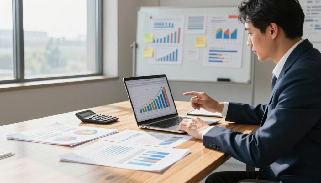 A modern and professional office setting, showcasing a large, elegant wooden desk covered with documents, spreadsheets, and a sleek laptop. In the foreground, a focused business professional in a smart suit, analyzing colorful graphs and charts that represent revenue and expenses on the screen. In the middle, a whiteboard filled with notes and figures highlighting budgeting strategies, alongside a calculator and financial reports. The background features a large window letting in natural light, creating a bright and optimistic atmosphere. Soft shadows cast by the afternoon sun enhance the professional mood. The composition captures the essence of careful planning and analysis, emphasizing the importance of revenue management and expense tracking.