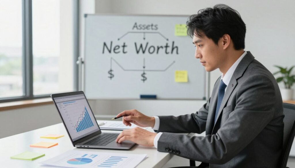A modern and sleek office setting serves as the backdrop, illuminated by soft, natural light filtering through large windows. In the foreground, a confident business professional in a tailored suit is seated at a stylish desk, intently calculating net worth on a laptop. The laptop screen displays clear graphs and formulas, indicating financial growth. Papers with charts and colorful sticky notes surround the workspace, hinting at organized planning. In the middle ground, a whiteboard features a flowchart illustrating assets, liabilities, and net worth, creatively annotated with visual symbols like dollar signs and arrows. The atmosphere is focused and motivational, emphasizing the importance of understanding personal finances. The image is captured from a slightly elevated angle, lending a professional and polished look to the scene.