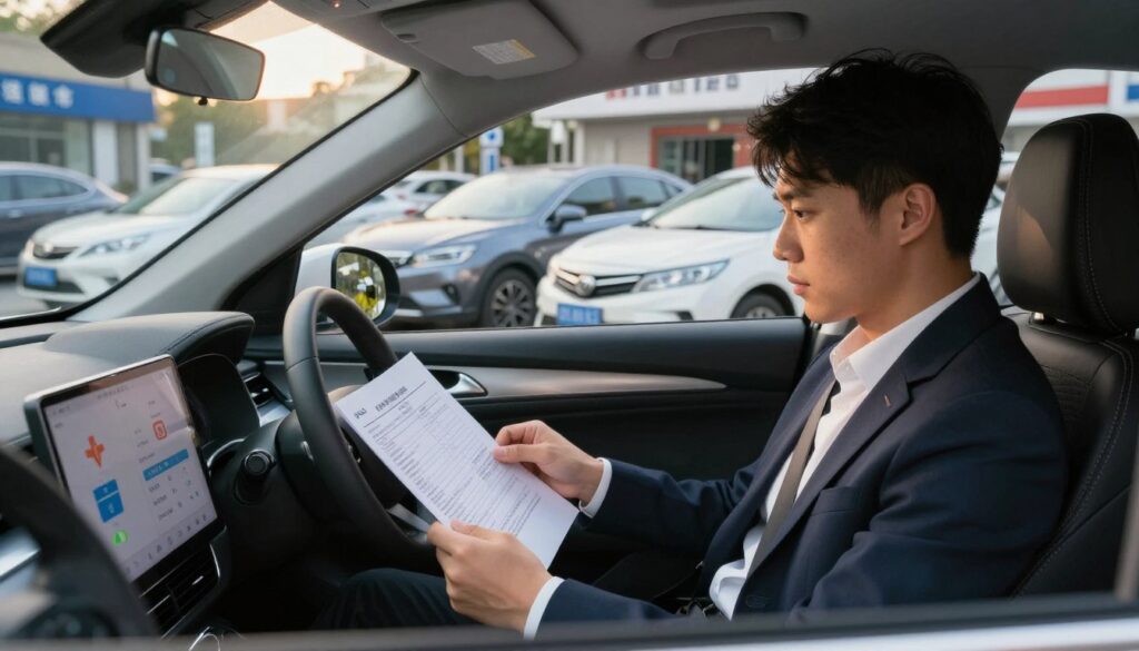 A modern car equipped with visible advanced safety features like lane departure warning, adaptive cruise control, and airbags prominently shown. In the foreground, a young driver in professional attire examines insurance documents while sitting in the car, their expression thoughtful. The middle ground features various vehicles with different safety ratings parked together, illustrating a contrast in vehicle choice. The background showcases a busy urban environment with insurance company offices and a bustling street, hinting at the implications of vehicle choice on insurance costs. Soft afternoon lighting casts a warm glow, enhancing the atmosphere of informed decision-making. The angle captures both the driver and vehicles, creating a sense of connection between safety features and insurance impact.