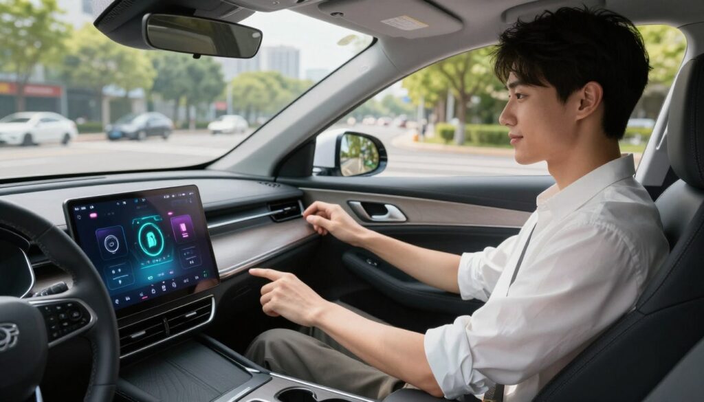 A modern car's interior is prominently featured in the foreground, showcasing a high-tech dashboard with a glowing telematics display and colorful data visuals that illustrate driving habits. In the middle ground, a young driver, dressed in smart casual attire, is focused on the road, using the car’s navigation system. The background reveals a sunny urban landscape with tree-lined streets and soft-focus traffic, conveying a sense of safety. The lighting is bright and vibrant, enhancing the clean, professional atmosphere. The angle is slightly tilted from the driver's perspective, capturing the interaction between technology and driving behavior. The overall mood is optimistic, emphasizing the importance of safe driving habits and how they relate to car insurance premiums without any distractions or text.