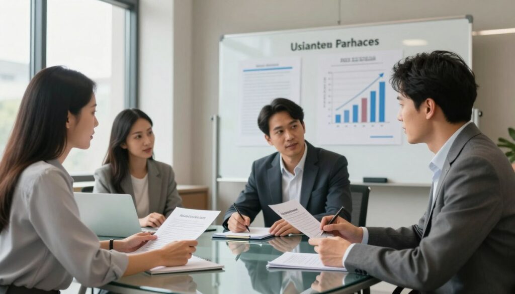 A modern conference room setting featuring two couples engaged in a discussion about joint versus separate bank accounts. In the foreground, one couple, a man and a woman, are reviewing financial documents on a sleek glass table, both dressed in professional business attire. The other couple, seated across from them, is listening attentively, highlighting diverse perspectives on financial independence. Behind them, a large whiteboard illustrates key financial trends, charts, and legal considerations, with graphs showing rising joint account usage. Soft, natural lighting filters through floor-to-ceiling windows, enhancing the warm, collaborative atmosphere. The mood is serious yet optimistic, reflecting an insightful exploration of financial choices. The angle captures both couples for an inclusive view of the conversation, ensuring no text, watermarks, or distractions are present.
