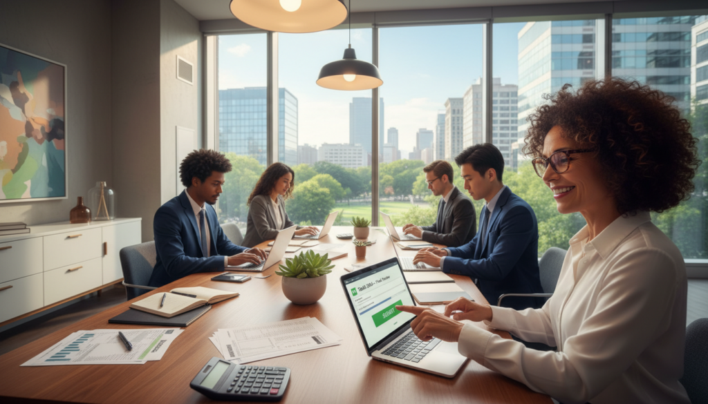 A modern home office environment showcasing a diverse group of individuals in professional business attire, diligently engaged in electronic tax filing on laptops and tablets. In the foreground, a middle-aged woman smiles as she navigates a tax filing software interface, highlighting a sense of accomplishment. The middle layer features an organized desk with tax documents, calculators, and a potted plant, radiating a productive atmosphere. In the background, large windows flood the space with natural light, suggesting a bright sunny day outside. Soft, warm lighting accentuates the scene, creating a welcoming and efficient mood. The overall composition emphasizes the ease and speed of electronic tax filing, reflecting a futuristic approach to tax preparation. A modern home office environment showcasing a diverse group of individuals in professional business attire, diligently engaged in electronic tax filing on laptops and tablets. In the foreground, a middle-aged woman smiles as she navigates a tax filing software interface, highlighting a sense of accomplishment. The middle layer features an organized desk with tax documents, calculators, and a potted plant, radiating a productive atmosphere. In the background, large windows flood the space with natural light, suggesting a bright sunny day outside. Soft, warm lighting accentuates the scene, creating a welcoming and efficient mood. The overall composition emphasizes the ease and speed of electronic tax filing, reflecting a futuristic approach to tax preparation.