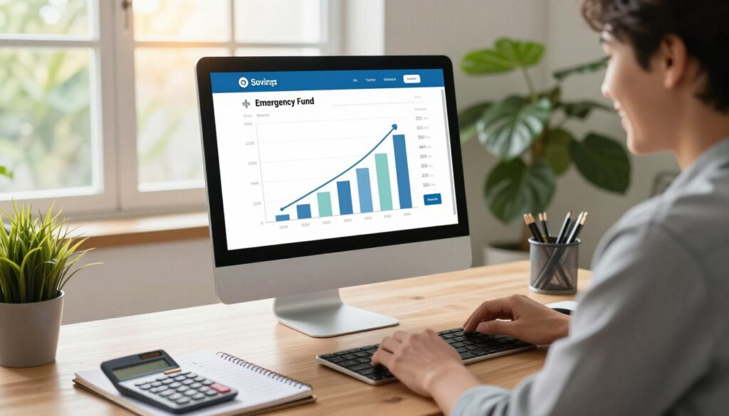 A modern home office setting showcasing a sleek desktop with a computer displaying an interactive savings app interface. In the foreground, a person in smart-casual attire is joyfully reviewing a digital chart that illustrates rising emergency savings over time. The middle ground features a notepad with financial goals and a calculator, symbolizing strategy and planning. In the background, a large window lets in warm, natural light, illuminating green houseplants that add a touch of life and optimism to the ambiance. Soft, focused lighting creates a productive and motivational atmosphere, highlighting the importance of automated financial planning and savings growth. The overall mood is uplifting and empowering, emphasizing proactive strategies for building an emergency fund.