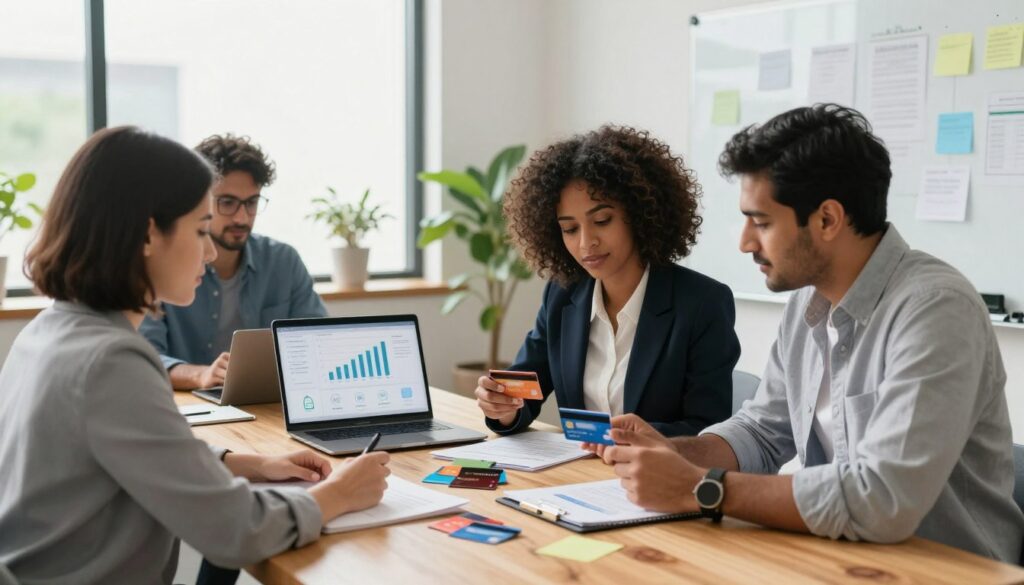 A modern, illustrative scene depicting how business credit cards work for startups. In the foreground, a diverse group of four professionals, including a Black woman in a smart blazer and a South Asian man in business casual, are gathered around a sleek, wooden table, analyzing financial documents and credit card options. The middle ground features a laptop displaying graphs and various business credit cards stacked neatly with relevant icons like cash flow, rewards, and interest rates. In the background, a bright, airy office space with large windows allowing natural light in, plants, and a whiteboard filled with brainstorming notes. The overall atmosphere is one of collaboration, focus, and innovation, with a polished, professional ambiance, captured from an eye-level angle for intimacy.
