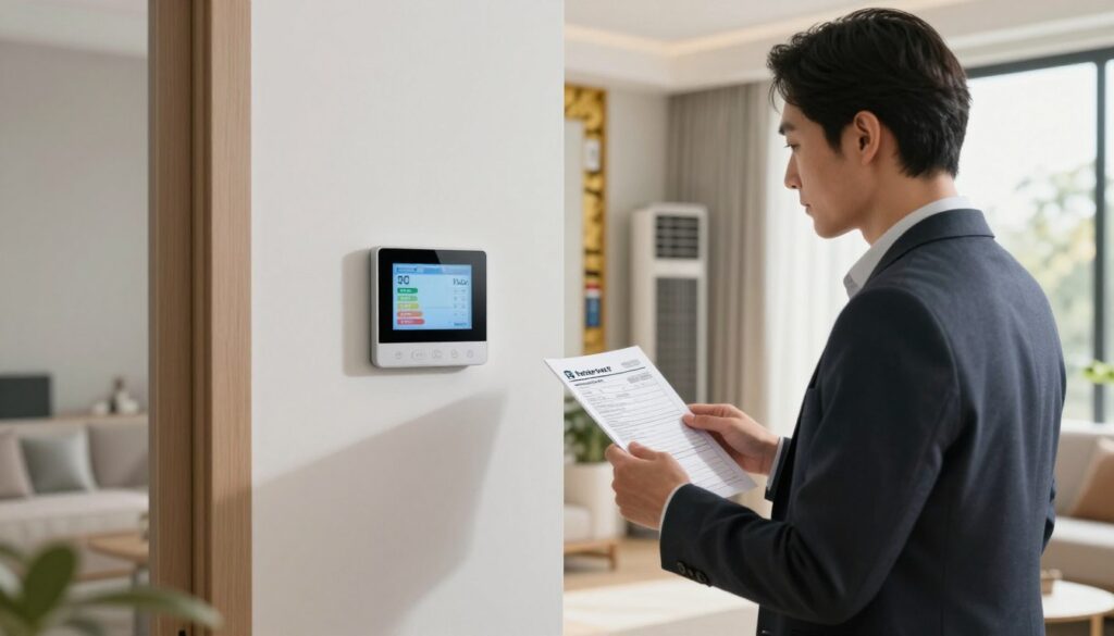 A modern living room featuring a sleek thermostat prominently displayed on the wall, combined with a high-efficiency heating and cooling system visible in the background. In the foreground, show a professional-looking person dressed in smart business attire examining an energy bill while standing next to the thermostat. The room is bathed in soft, natural light coming from a window, emphasizing the importance of energy efficiency. In the background, include hints of proper insulation around windows and doors, visually reinforcing the concept of sealing for energy savings. Create an inviting atmosphere that conveys the idea of comfort and efficiency, with a focus on the connection between smart technology and lower utility costs.
