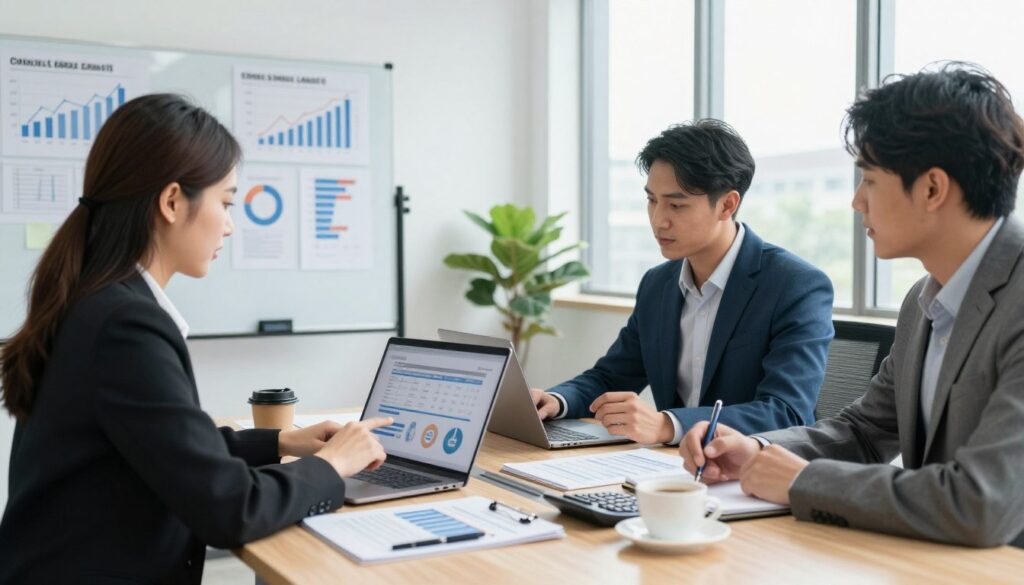 A modern office setting featuring a diverse group of professionals engaged in a discussion about contract labor and professional fees. In the foreground, a female business consultant, dressed in formal attire, is pointing at a financial report on a sleek laptop, while a male accountant, also in professional attire, takes notes on a notepad. The middle ground shows an elegant conference table with accounting documents, calculators, and a cup of coffee. Nearby, a wall display features charts and graphs depicting financial trends. In the background, large windows bathe the room in natural light, signaling a bright and productive atmosphere. The mood is focused and collaborative, capturing the essence of small business financial discussions. A modern office setting featuring a diverse group of professionals engaged in a discussion about contract labor and professional fees. In the foreground, a female business consultant, dressed in formal attire, is pointing at a financial report on a sleek laptop, while a male accountant, also in professional attire, takes notes on a notepad. The middle ground shows an elegant conference table with accounting documents, calculators, and a cup of coffee. Nearby, a wall display features charts and graphs depicting financial trends. In the background, large windows bathe the room in natural light, signaling a bright and productive atmosphere. The mood is focused and collaborative, capturing the essence of small business financial discussions.