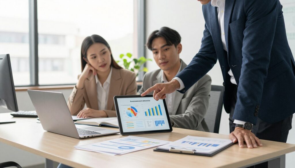 A modern office setting featuring a diverse group of three professionals discussing business funding basics. In the foreground, one person in a tailored suit stands, pointing towards a digital tablet displaying charts and graphs related to funding options. The middle area includes a modern table cluttered with notebooks, laptops, and financial documents. In the background, large windows allow natural light to flood the room, creating a warm and inviting atmosphere. The professionals are dressed in smart business attire, exuding confidence and engagement. Capture the energy of collaboration and learning, with a focus on fostering a supportive environment for understanding financial concepts. Use soft, diffused lighting to enhance the professional mood.
