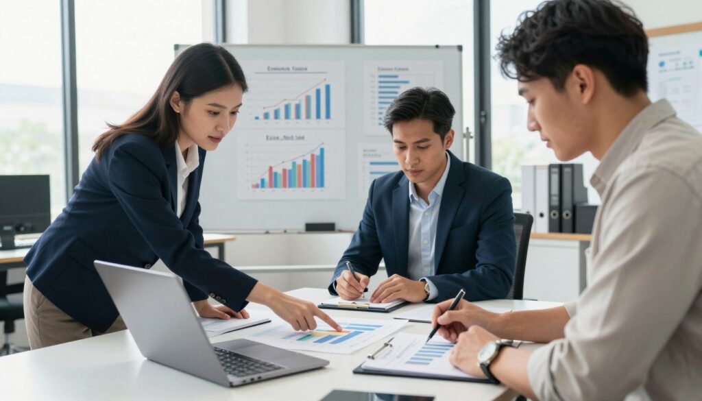 A modern office setting featuring a diverse group of three professionals, strategically analyzing financial charts and documents on a large desk. In the foreground, one individual, a woman in smart business attire, points to a graph showing reduced expenses, while a man in a neat suit takes notes, and a person in modest casual clothing studies a laptop. The middle ground showcases a well-organized workspace with a whiteboard displaying expense reduction strategies. In the background, large windows allow natural light to flood the room, creating a vibrant yet focused atmosphere. The image should have a balanced composition, shot from a slightly elevated angle to capture both the group and the informative visuals, conveying a sense of determination and teamwork in financial planning.