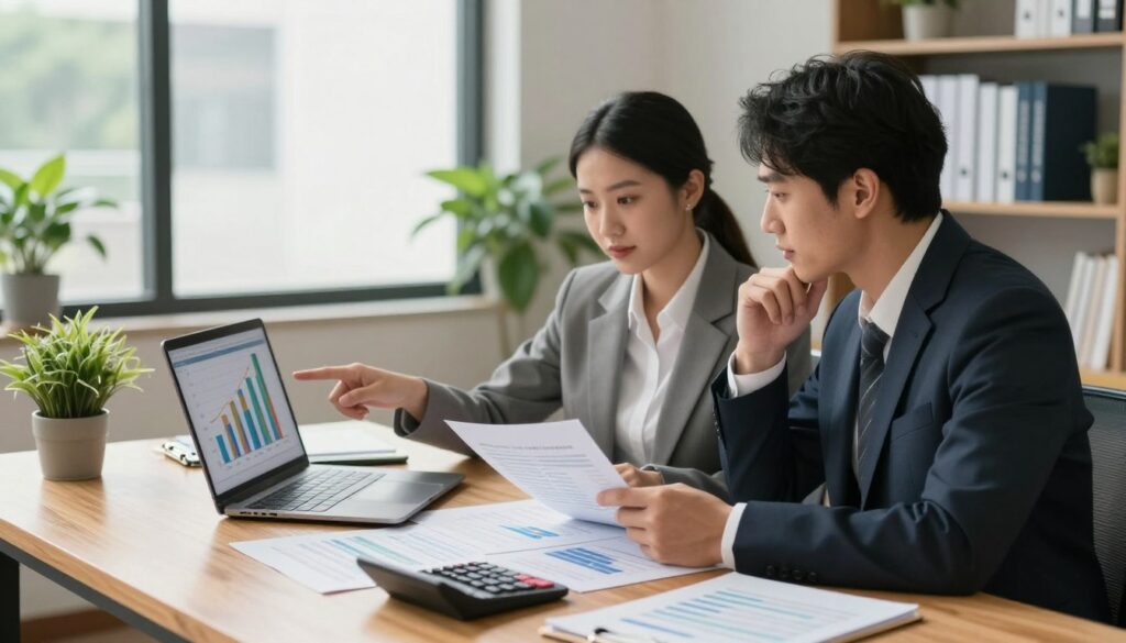 A modern office setting showcasing a male and female business professional in business attire, both seated at a sleek wooden desk covered with paperwork, calculators, and a laptop. The woman, engaged in analyzing documents, points toward a colorful bar graph displayed on the laptop screen, symbolizing expense deductions. The man, evaluating a notepad filled with financial notes, looks thoughtfully at the graph. Soft, natural lighting filters through large windows, casting gentle shadows, while potted plants and a bookshelf filled with tax-related books adorn the background. The atmosphere is focused and collaborative, reflecting a sense of productivity and strategic thinking related to optimizing business expenses.