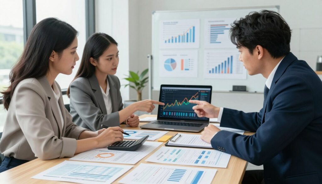 A modern office setting with a diverse group of three professionals, two women and one man, engaged in a focused discussion over a table filled with financial documents, calculators, and a laptop displaying cash flow graphs. In the foreground, a detailed close-up of paperwork showing tax forms and strategic notes. The middle ground features the professionals exchanging ideas and pointing at a cash flow chart on the laptop screen, while the background highlights a whiteboard filled with financial strategies and charts. Soft, natural lighting comes from large windows, creating a bright and inspiring atmosphere. The scene conveys a sense of collaboration and smart financial planning, emphasizing professionalism and clarity in tax payment strategies.