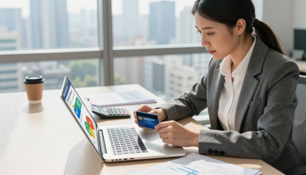 A modern office setting with a professional woman wearing business attire evaluating credit card options on her laptop. In the foreground, she reviews a detailed chart displaying credit limits, fees, and rewards, with vibrant infographics illustrating benefits. The middle ground features scattered paperwork, a calculator, and coffee, creating a focused work environment. In the background, large windows reveal a city skyline, inviting natural light that casts soft shadows, enhancing the calm yet productive atmosphere. The composition should have a slight overhead angle for a comprehensive view, emphasizing the details in the foreground while maintaining clarity and focus on the subject matter. The mood is one of diligence and strategic decision-making as she navigates through financial possibilities.
