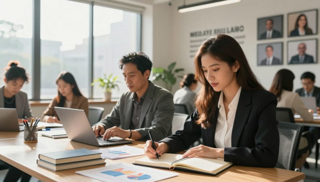 A modern office space, filled with natural light streaming through large windows, showcasing a diverse group of individuals actively engaging in wealth-building activities. In the foreground, a confident young woman in professional attire is writing in a notebook, surrounded by financial charts and investment books. In the middle, a focused middle-aged man is discussing strategies with a colleague, using a laptop to analyze data. In the background, a wall is adorned with inspirational quotes and framed images of successful entrepreneurs. The atmosphere is vibrant and motivational, symbolizing ambition and teamwork. The lighting is warm, highlighting the enthusiasm and determination of the individuals. The angle captures the dynamic and collaborative nature of their wealth-building habits.