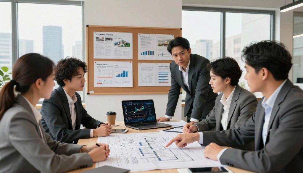 A modern office space filled with professionals analyzing real estate deals. In the foreground, a diverse group of individuals in business attire, focused and engaged in discussion, with one person pointing at a large blueprint spread across the table. The middle ground showcases a corkboard with various property listings and investment strategies pinned up, while a sleek laptop displays graphs and market trends. In the background, large windows let in warm, natural light, highlighting the city skyline. The atmosphere is one of collaboration and strategy, emphasizing a dynamic and positive approach to finding real estate opportunities. The image is captured with a wide-angle lens to provide depth, ensuring a bright and inviting ambiance.