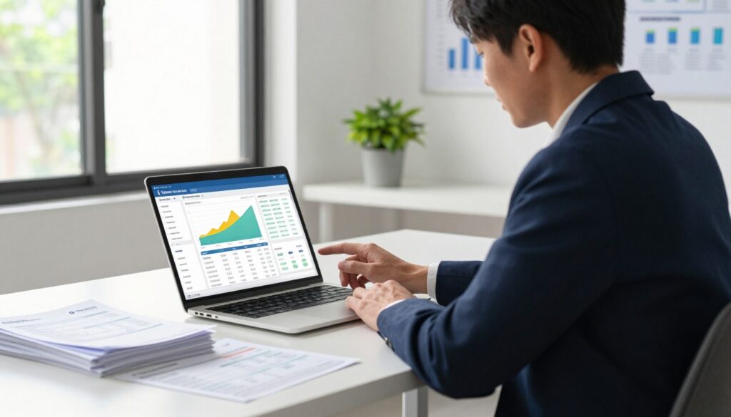 A modern office workspace depicting the implementation of a business expense tracker. In the foreground, a sleek laptop displays a colorful, interactive expense tracking dashboard showcasing graphs and data visualizations. Beside it, an organized stack of invoices and receipts is neatly arranged. In the middle ground, a business professional, dressed in smart attire, is analyzing the data on the laptop with a focused expression. Natural light streams in from a large window, creating a bright and inviting atmosphere. The background features a minimalist desk with a potted plant and a wall-mounted board displaying financial goals, adding a touch of calm and organization to the scene. The overall mood conveys professionalism and efficiency in expense management.