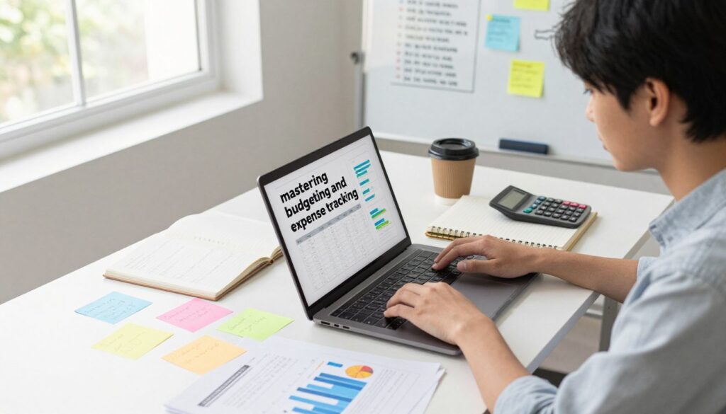 A modern, organized desk scene representing "mastering budgeting and expense tracking." In the foreground, a focused college student wearing casual but neat clothing, working diligently on a laptop, surrounded by colorful financial notes and charts. The middle layer features an open notebook with neatly written budgets, a calculator, and a coffee cup, exuding a sense of productivity and determination. In the background, soft natural light streams through a window, illuminating a whiteboard covered with goal-setting tips and reminders. The atmosphere is encouraging and motivational, fostering a sense of achievement and financial literacy. The shot is taken from a slightly elevated angle to capture the entire scene clearly, enhancing the feeling of an organized workspace.